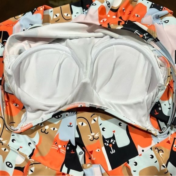 Cat Print Mod Romper Sleeveless Ruffle Padded Bra Pin Up Women’s Medium - Picture 4 of 14